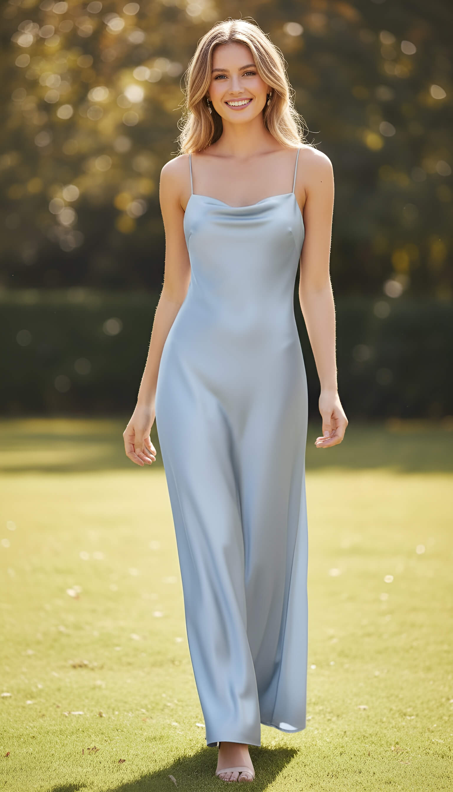 blue satin evening dress